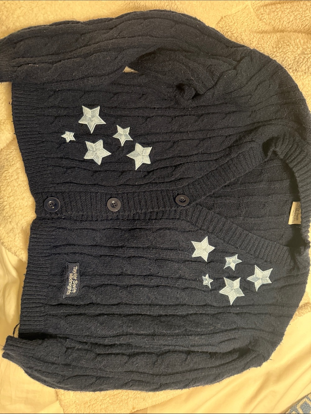 Taylor Swift Navy Cable-Knit Cardigan with Light Blue Star Appliqués